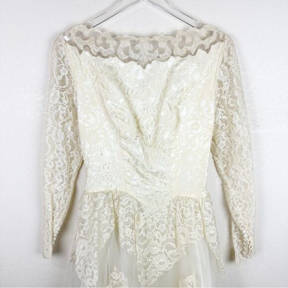 Vintage 70s 1970s Lace Off Shoulder Tulle Wedding Dress Romantic Boho - Picture 2 of 11